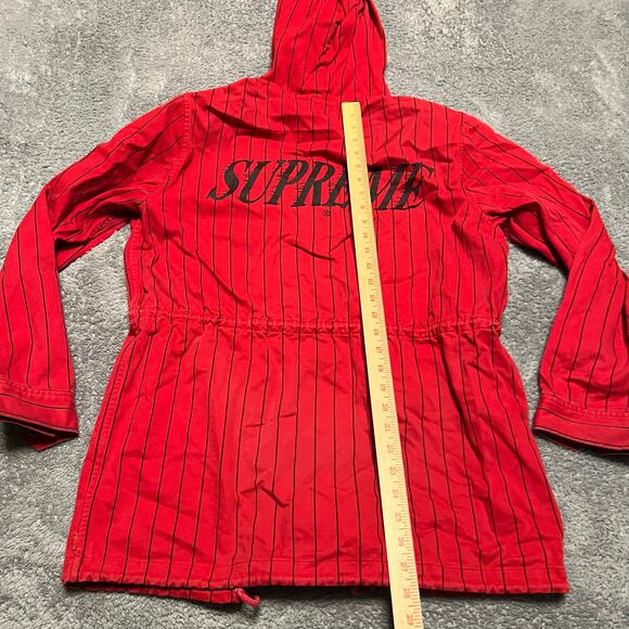 Supreme Twill Pinstripe Jacket Mens Medium Red Hooded Parka *** - Picture 7 of 9